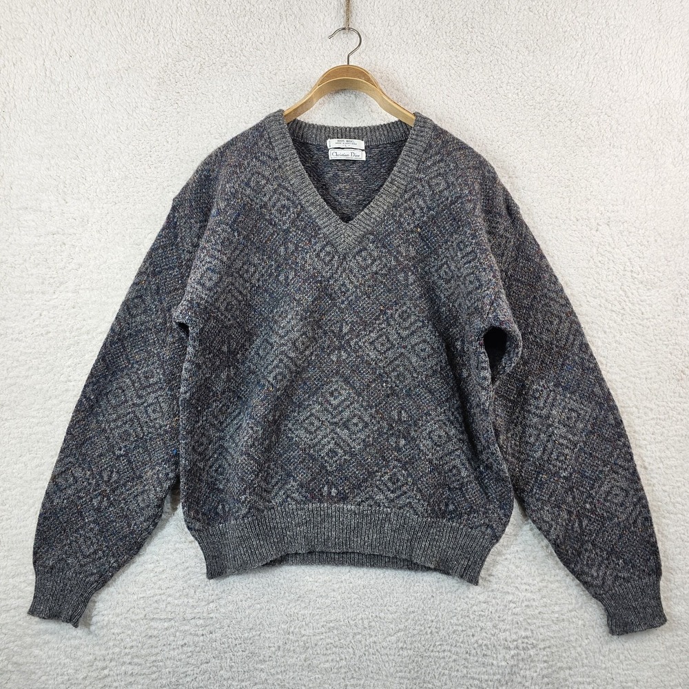 Vintage Christian Dior 100% Wool V-Neck Sweater Made In Hong Kong Size Large 80s